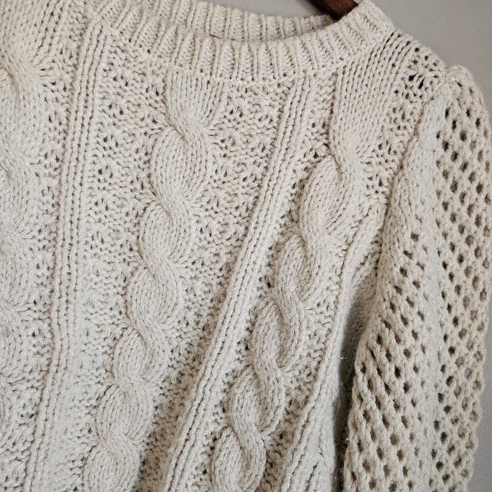 LoveShackFancy Rosie Cabled Knit Cozy Metallic Alpaca Size P Crew Scoop Shimmer